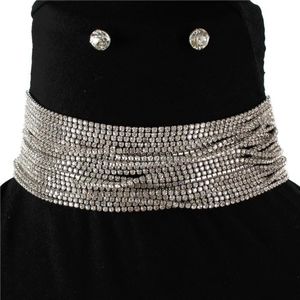 Silver Rhinestone Crystal Choker Multi Layered Necklace Bling Statement Set